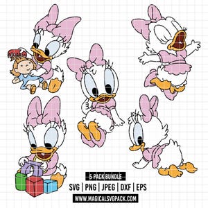 May include: A collection of five Daisy Duck cartoon character images in various poses. Daisy is depicted in a pink dress and bow, with a yellow beak and feet. One image shows Daisy with a doll and comb, another with building blocks. The text "5 PACK BUNDLE" is visible.