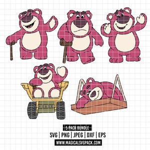 Puede incluir: Un paquete de ilustraciones digitales con cinco poses diferentes de un personaje de oso rosa. El oso se representa con una variedad de expresiones y accesorios, incluyendo un bastón, un camión de juguete y un columpio. La imagen incluye el texto "5 PACK BUNDLE".