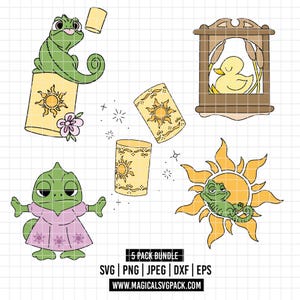 May include: A set of cartoon illustrations including a green chameleon, lanterns with sun designs, and a yellow duck in a window. The images are in various poses and styles, with the text "5 PACK BUNDLE" and file type options.