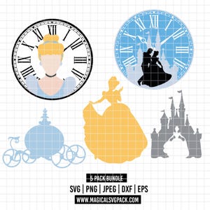 May include: A collection of Cinderella-themed graphics. Includes a clock face with Cinderella's portrait, a clock face with a silhouette of Cinderella and Prince Charming, a silhouette of Cinderella in a gown, a carriage, and a castle. The text "5 PACK BUNDLE" is included.