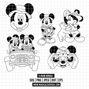 Puede incluir: Paquete de arte lineal en blanco y negro con Mickey Mouse en varias poses temáticas de safari. Incluye a Mickey con binoculares, Mickey con Winnie the Pooh y Mickey y Minnie en un jeep. También se incluye el texto "5 PACK BUNDLE".