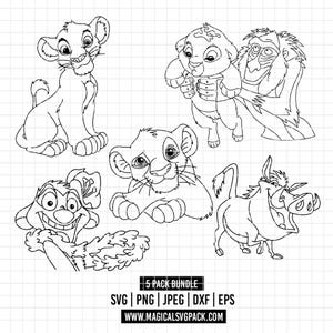 Może przedstawiać: Czarno-biała grafika liniowa pięciu postaci z Króla Lwa. Postacie to Simba, Timon, Pumbaa i Rafiki. Obraz zawiera tekst "5 PACK BUNDLE" i opcje typu pliku.
