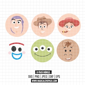 Può includere: Un set grafico digitale con sei icone circolari di personaggi, tra cui un ranger spaziale, un cowboy, una cowgirl, un personaggio forchetta, un alieno a tre occhi e un cavallo. Il testo 6 PACK BUNDLE SVG | PNG | JPEG | DXF | EPS WWW.MAGICALSVGPACK.COM è riportato sotto.