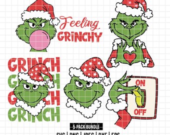 4304 - El Grinch paquete dtf a todo color Svg, Eps, Png, Dxf, Jpeg (sonriendo - corazón - gorro navideño - sintiéndose Grinch - encendido/apagado)