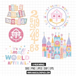 Puede incluir: Un paquete de gráficos digitales que incluye el texto it's a small world, un logotipo circular con una cara estilizada, una columna vertical de números, un emblema de Walt Disney World 1971 y una ilustración de castillo colorido sobre fondo de cuadrícula.