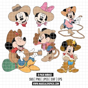 Op de afbeelding: Een verzameling van zes cartoon-cowboy-personages, waaronder Mickey en Minnie Mouse, in verschillende poses. Ze dragen cowboyhoeden, bandana's en laarzen. Eén personage speelt gitaar en een ander zwaait met een lasso. De afbeelding bevat de tekst "6 PACK BUNDLE".