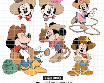 May include: A collection of six cartoon cowboy-themed characters, including Mickey and Minnie Mouse, in various poses. They are wearing cowboy hats, bandanas, and boots. One character is playing a guitar, and another is twirling a lasso. The image includes the text "6 PACK BUNDLE".