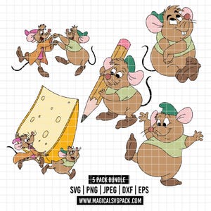 Puede incluir: Ilustración digital con cinco ratones de dibujos animados en varias poses. Un ratón sostiene un lápiz grande, otros interactúan con una cuña de queso. Los ratones son marrones con orejas rosas y sombreros y camisas verdes. El texto en la parte inferior dice "5 PACK BUNDLE" y opciones de tipo de archivo.