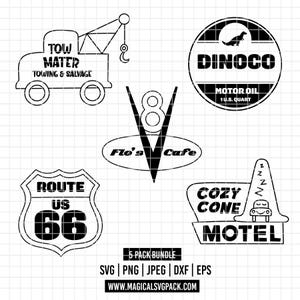 May include: A set of black and white vector graphics with classic car-related designs. Includes a tow truck, a Dinoco oil logo, a Route 66 sign, a V8 engine emblem, Flo's Cafe logo, and a Cozy Cone Motel sign.