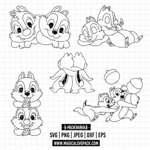 Puede incluir: Ilustraciones en blanco y negro de ardillas de dibujos animados en varias poses. La imagen incluye cinco ilustraciones diferentes de las ardillas, algunas abrazándose y jugando con bellotas. El texto en la parte inferior dice "5 PACK BUNDLE" y enumera los tipos de archivo.