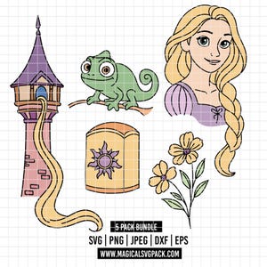 May include: A digital graphic set featuring a tall purple tower with long blonde hair, a green chameleon, a blonde character with a long braid, a yellow lantern with a purple sun emblem, and yellow flowers. Text reads 5 PACK BUNDLE SVG PNG JPEG DXF EPS.