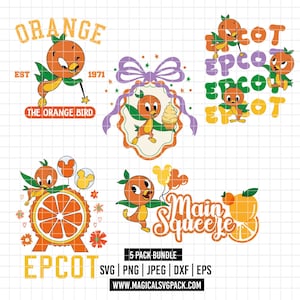 May include: A collection of five digital designs featuring the Orange Bird character from Epcot. Each design showcases the bird in various poses with text elements like "Orange," "Epcot," and "Main Squeeze." The designs are in orange, green, and yellow.