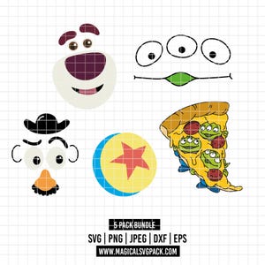 May include: A digital graphic bundle featuring five cartoon elements. Includes Lotso's face, the Little Green Men's face, Mr. Potato Head's face, a yellow ball with a red star, and a pizza slice with Little Green Men. Text: 5 PACK BUNDLE.