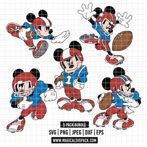 Puede incluir: Gráfico digital de Mickey Mouse en poses de fútbol americano. Mickey lleva un casco rojo y blanco, una camiseta azul y pantalones rojos. La imagen incluye un balón de fútbol y el texto "5 PACK BUNDLE" con opciones de tipo de archivo.