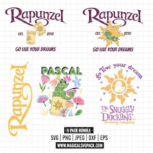 Könnte beinhalten: Eine Sammlung von fünf digitalen Designs mit Elementen aus dem Film "Rapunzel". Die Designs enthalten das Wort "Rapunzel" in einer stilisierten Schriftart, den Text "Go Live Your Dreams" und Bilder von Pascal dem Chamäleon und dem Snuggly Duckling.