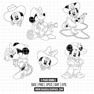 Puede incluir: Ilustraciones de dibujos animados en blanco y negro de Mickey y Minnie Mouse con atuendos de vaqueros. Las imágenes incluyen a Mickey tocando la guitarra, a Minnie con un lazo y a ambos personajes con sombreros de vaquero. El texto en la parte inferior dice "6 PACK BUNDLE" y enumera los tipos de archivo.