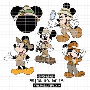 Puede incluir: Una colección de cinco ilustraciones de Mickey Mouse con temática de safari. Mickey se representa en varias poses, vistiendo un atuendo y sombrero de safari caqui. La imagen incluye el texto "5 PACK BUNDLE" e información del sitio web.