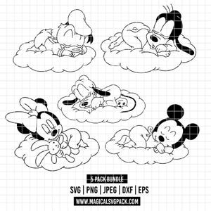 Puede incluir: Ilustración en blanco y negro de cinco personajes de Disney durmiendo sobre nubes. Los personajes incluyen a Pato Donald, Pluto, Goofy, Minnie Mouse con un conejito de peluche y Mickey Mouse. La imagen incluye el texto "5 PACK BUNDLE" y opciones de tipo de archivo.
