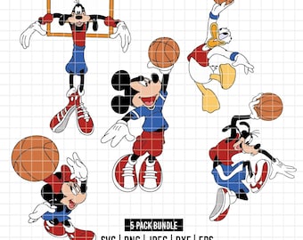 May include: A digital graphic bundle featuring five cartoon characters playing basketball. Mickey Mouse, Minnie Mouse, Goofy, and Donald Duck are depicted in action poses with basketballs. The characters are wearing red, blue, and white athletic attire. The image includes the text "5 PACK BUNDLE".