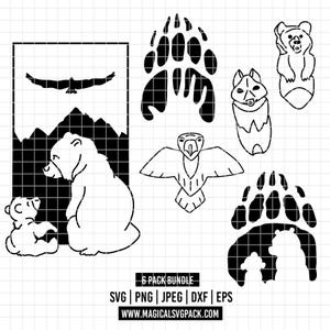 Puede incluir: Una colección de archivos de corte SVG en blanco y negro con temática de animales. Los diseños incluyen huellas de patas de oso, una escena familiar de osos, un lobo, un oso y un águila. El texto "6 PACK BUNDLE" se muestra con opciones de tipo de archivo y una dirección web.