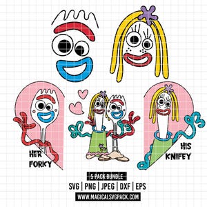 May include: A 5-pack bundle of SVG, PNG, JPEG, DXF, and EPS files featuring cartoon character designs. The designs include a fork with a face, a knife with a face, and other character elements. Text includes "Her Forky" and "His Knifey".