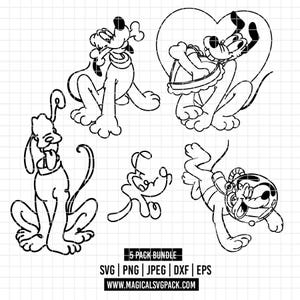 Puede incluir: Un paquete de arte digital en blanco y negro con cinco poses diferentes de Pluto. Un Pluto sostiene un hueso, otro está dentro de un corazón y un tercero lleva un casco de astronauta. El paquete incluye archivos SVG, PNG, JPEG, DXF y EPS.