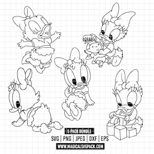 May include: Black and white line art of Daisy Duck in various poses. Daisy is wearing a bow and a dress. The image includes the text "5 PACK BUNDLE" and file type options: SVG, PNG, JPEG, DXF, EPS. Website address is also included.