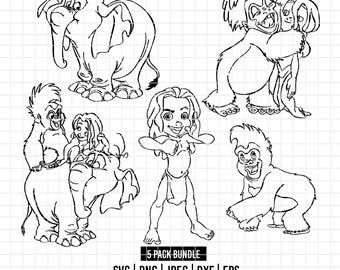 4024 - Tarzan pack bundle line art Svg, Eps, Png, Dxf, Jpeg (Tantor - Tarzan - Terk)