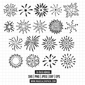 May include: A collection of 18 black and white fireworks designs in various shapes and styles. The image includes text that reads "18 PACK BUNDLE" and file type options: SVG, PNG, JPEG, DXF, EPS. The website address is also included.
