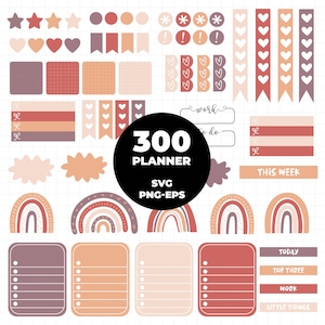 Könnte beinhalten: Eine Sammlung von Planer-Stickern in verschiedenen Formen und Farben, darunter Sterne, Herzen, Banner und Regenbogen. Die Sticker sind in Rot-, Orange- und Lilatönen gehalten. Der Text "300 PLANNER SVG PNG-EPS" ist ebenfalls enthalten.
