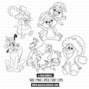 Könnte beinhalten: Schwarz-weiße Strichzeichnung von fünf weihnachtlichen Cartoon-Charakteren. Enthält eine Maus mit einer Zuckerstange, zwei Chipmunks, einen Hund mit einem Schild, eine Katze und einen Schneemann. Text: "5 PACK BUNDLE" und "WWW.MAGICALSVGPACK.COM".