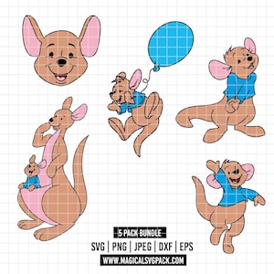 May include: A collection of cartoon kangaroo illustrations in various poses. The kangaroos are primarily brown with pink ears and accents. One kangaroo holds a blue balloon. The image includes the text "5 PACK BUNDLE" and file type information.