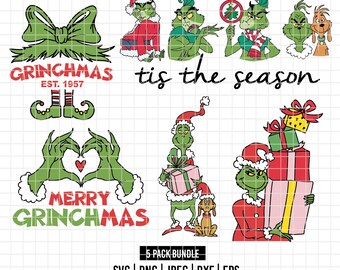 4212 - Pacote Grinch em cores vibrantes nos formatos SVG, EPS, PNG, DXF e JPEG (Gravata borboleta - época natalina - Grinchmas - presentes - com seu amigo Max)