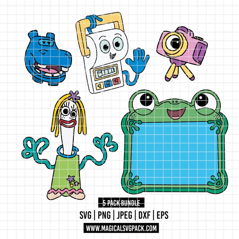 Pu&ograve; includere: Una collezione di cinque personaggi dei cartoni animati in stile grafico vettoriale. Include un ippopotamo blu, un registratore di cassa sorridente, una fotocamera rosa, una figura a forma di forchetta e una rana verde con una griglia blu. Testo: "5 PACK BUNDLE" e "WWW.MAGICALSVGPACK.COM".