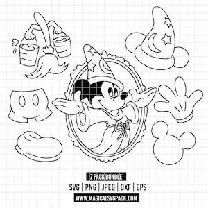 Puede incluir: Conjunto de arte lineal en blanco y negro con Mickey Mouse como hechicero, junto con elementos relacionados como guantes, pantalones cortos y un sombrero de mago. Incluye texto: 7 PACK BUNDLE, SVG, PNG, JPEG, DXF, EPS, y WWW.MAGICALSVGPACK.COM.