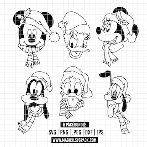 May include: Black and white line art of six Disney characters wearing Santa hats and scarves. Mickey Mouse, Minnie Mouse, Donald Duck, Daisy Duck, Goofy, and Pluto are featured. The text "6 PACK BUNDLE" and file type icons are also included.
