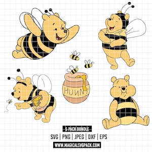 May include: A digital illustration featuring five images of a yellow bear with black stripes, styled as a bee. The bear is depicted in various poses, including flying, standing, and sitting. A honey pot with the word "HUNNY" is also shown. The image includes the text "5 PACK BUNDLE".