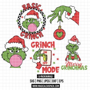 Puede incluir: Un conjunto de gráficos temáticos de Grinch en verde, rojo y blanco. Los diseños incluyen al Grinch con un gorro de Papá Noel, soplando una burbuja y sosteniendo un adorno navideño. El texto incluye "Basic Grinch", "Grinch Mode" y "Merry Grinchmas".