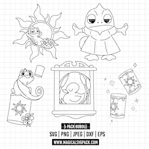 May include: Black and white line art illustrations of characters and objects from a fairy tale. Includes a chameleon, sun, lantern, and a bird in a cage. The text "5 PACK BUNDLE" and file type options are also present.