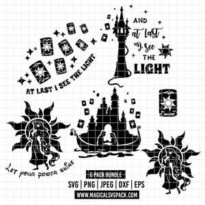 May include: A black digital graphic bundle featuring silhouettes of a tall tower, a castle with a boat, floating lanterns, and a long-haired figure with a sun emblem. Text includes "AND AT LAST I SEE THE LIGHT" and "LET YOUR POWER SHINE".
