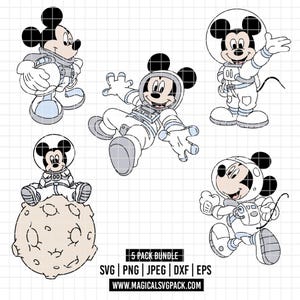 Puede incluir: Un paquete gráfico digital con cinco ilustraciones de Mickey Mouse con trajes de astronauta. Las imágenes son en blanco, negro y azul claro, con Mickey en varias poses. El texto en la parte inferior dice "5 PACK BUNDLE".