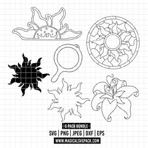 6174 - Tangled Icons-paket med linjeteckningar, Svg, Eps, Png, Dxf, Jpeg (sol - Soldroppeblomma - Logotyp - Logotyp med tecken - stekpanna)