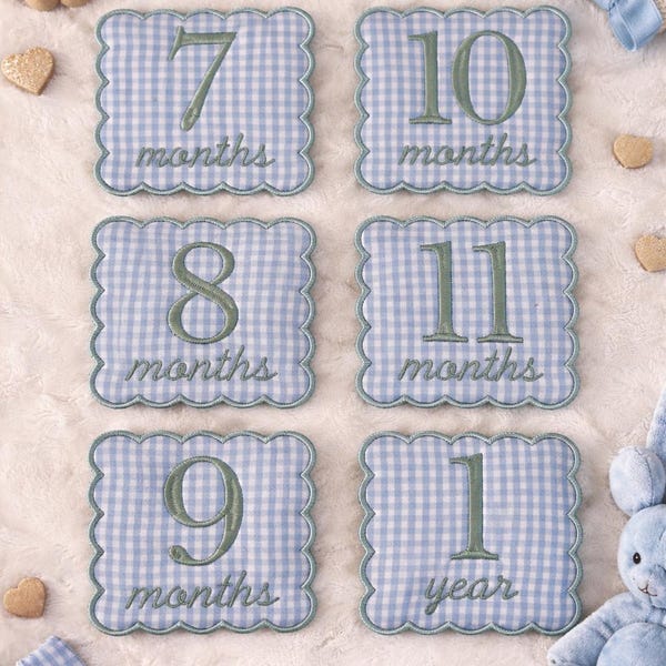 Parches bordados de hitos de bebé / Accesorios fotográficos de cuadros azules