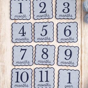 May include: A set of twelve blue and white gingham milestone cards with scalloped edges. Each card displays a number from 1 to 11, with the word "months" or "year" written below. The cards are arranged on a light wood surface.