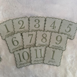 May include: A set of 12 embroidered milestone cards. Each card features a scalloped edge, a gingham pattern, and a number from 1 to 11, plus "year". The numbers and text are in a muted green color.