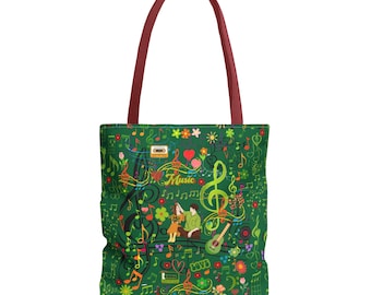 Musician Guitar Tote Bag, Music Notes Floral Carryall, Music Lovers Gift, ArtistTote