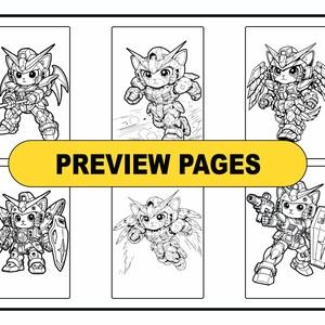 May include: A collection of six black and white line art illustrations featuring cat-like characters in robotic armor suits. The characters are depicted in various action poses with weapons and wings. A yellow horizontal banner reads PREVIEW PAGES.