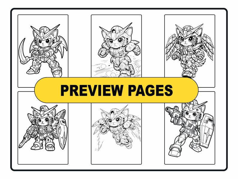 May include: A collection of six black and white line art illustrations featuring cat-like characters in robotic armor suits. The characters are depicted in various action poses with weapons and wings. A yellow horizontal banner reads PREVIEW PAGES.