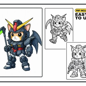 May include: A digital illustration featuring a cat character in dark blue robotic armor with a yellow crest, holding a green scythe, alongside two black and white line art versions. The text PDF INCLUDED EASY TO USE is visible in the corner.