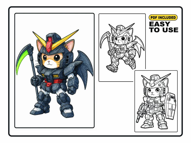 May include: A digital illustration featuring a cat character in dark blue robotic armor with a yellow crest, holding a green scythe, alongside two black and white line art versions. The text PDF INCLUDED EASY TO USE is visible in the corner.